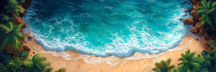 Aerial view of a quiet beach with clear turquoise water, golden sand and soothing waves.