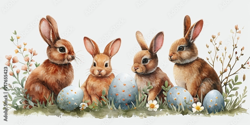 Wall mural Easter joy: cute fluffy bunnies surrounded by colorful eggs at a bright spring holiday. - Wall murals