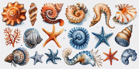 Set of watercolor illustrations with starfish, shells and sea elements for beach design. - obrazy, fototapety, plakaty