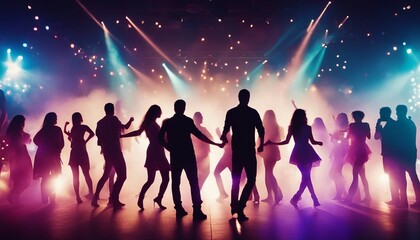 silhouettes of  people dancing at a crowded party at midnight, colorful lights and smoke at background
