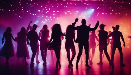 silhouettes of  people dancing at a crowded party at midnight, colorful lights and smoke at background
