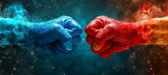 Blue and red hands fist. Political democracy battle. Generative AI technology. - obrazy, fototapety, plakaty