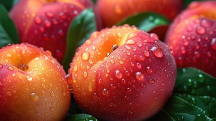 fresh peaches with water drops background.