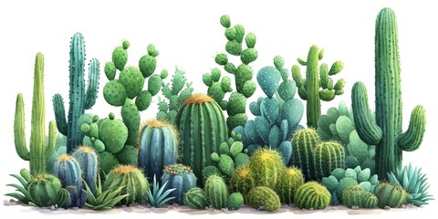 An assortment of green cacti with intricate patterns and sharp spines, capturing the beauty of an arid landscape against a white background.