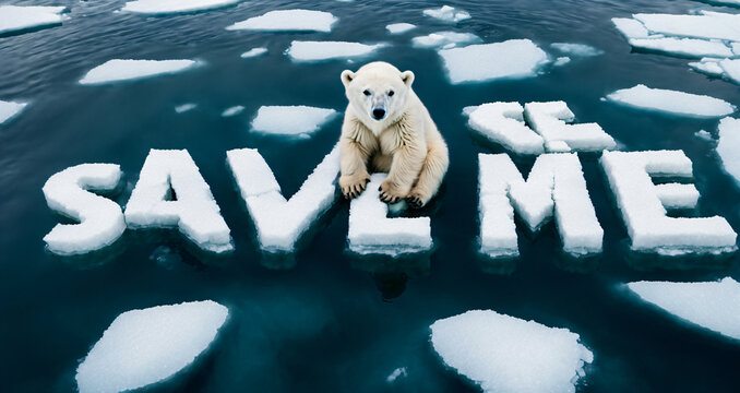 A baby polar bear is dangling under a melting "SAVE ME" ice sign, symbolizing the impact of global warming