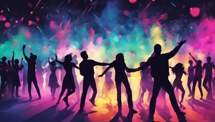 silhouettes of people dancing at a crowded party at midnight, colorful lights and smoke at background
 - obrazy, fototapety, plakaty