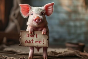 An endearing pig looks directly into the camera while holding a sign pleading Dont eat me!, creating a humorous and emotive portrait.