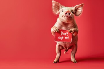An endearing pig looks directly into the camera while holding a sign pleading Dont eat me!, creating a humorous and emotive portrait.