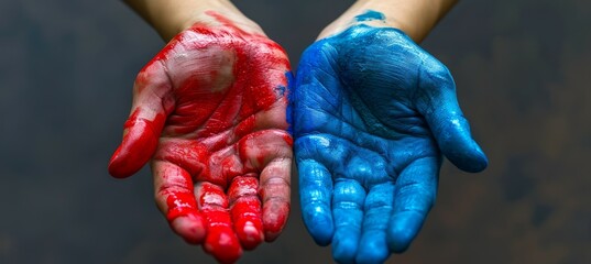 Painted hands. Red versus blue. Generative AI technology.