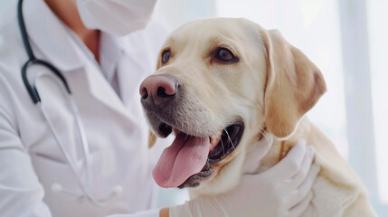 A veterinarian is treating a dog. Selective focus.