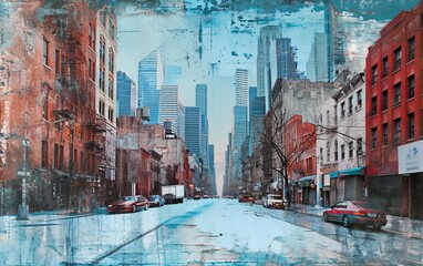 City Collage.A city scene collage with elements of photography and vibrant painting