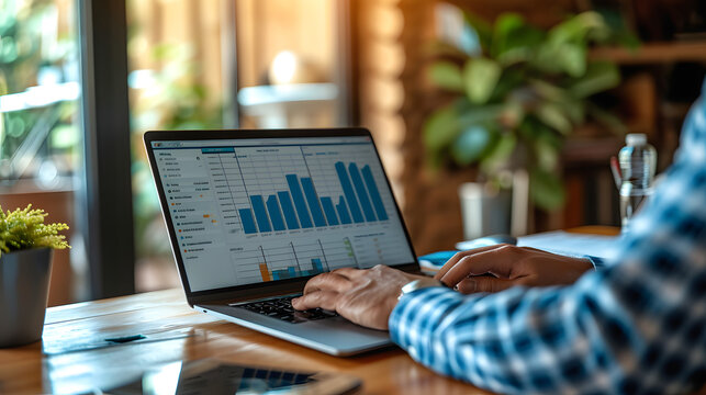 A businessperson or accountant is examining business data, graphs, and diagrams on their laptop at their desk