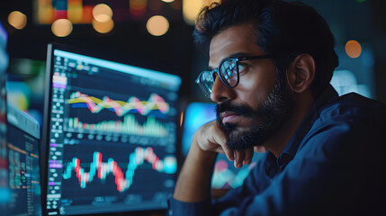 A busy, earnest Indian businessman who works as a broker, stock exchange trader, investor, and trader, is seen studying data, graphs, and the cryptocurrency market while considering the risks associat
