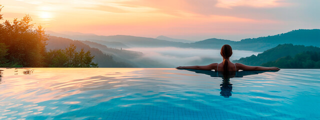 woman in the pool looks at the mountains. Selective focus. - obrazy, fototapety, plakaty
