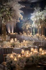 Elegant wedding reception with tables decorated with candles