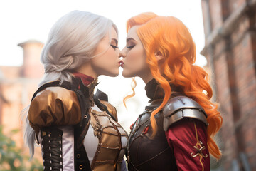 Charming Cosplay Encounter: Two Girls Expressing Love with a Gentle Kiss - obrazy, fototapety, plakaty