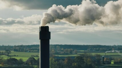 Smoking factory chimney in open landscape