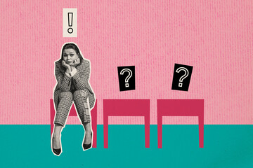 Horizontal magazine photo collage of surprised clueless businesswoman sit on chair thinking have a question on textured pink background