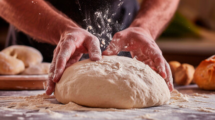 A man cook molds dough with his hands. Selective focus.