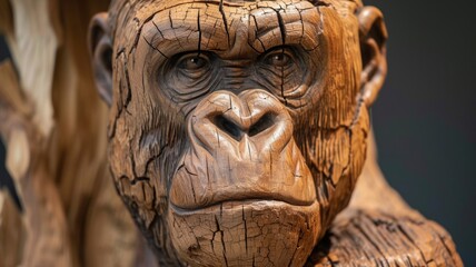 A gorilla sculpture carved from wood. Wooden art object of an animal with many age cracks in the wood