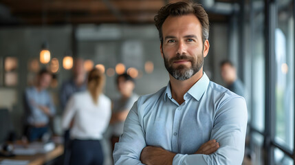 Obraz premium A dapper CEO and businessman with crossed arms is seen in the background of his office with coworkers 