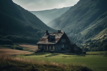an isolated house in the midst of a valley - scenic background. Generative AI
