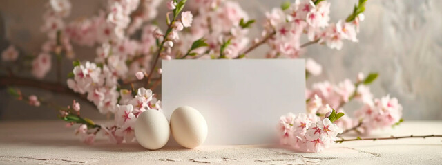 Place for text with flowers and Easter eggs. Selective focus. - obrazy, fototapety, plakaty