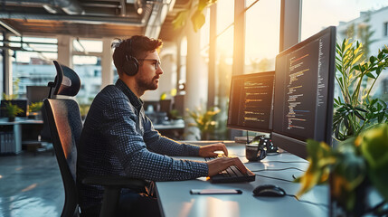 A handsome man sits casually at a computer desk in a modern, sleek office area with a huge window allowing natural light to permeate the room while he codes websites