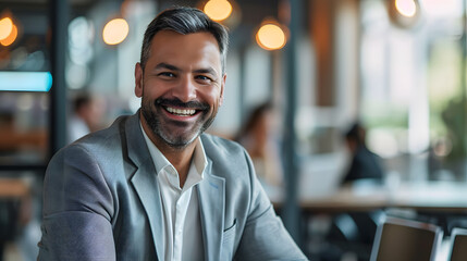 Obraz premium A happy businessman converses at a contemporary office