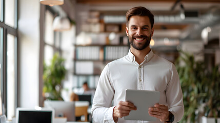 A happy young businessman at work, clutching a pad computer in his hands. A fintech tablet device is being used by a male professional employee who is standing in the office and reviewing financial ma