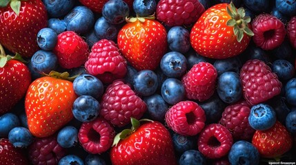 Mix of berries such as strawberries, blueberries, and raspberries arranged artfully for a burst of color background.