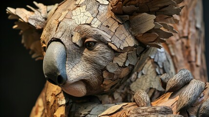 A koala sculpture carved from wood. Wooden art object of an animal with many age cracks in the wood