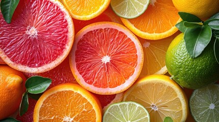 An elegant background with slices of various citrus fruits like oranges, lemons, and limes arranged...