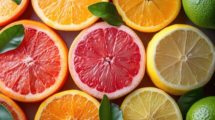Fototapeta premium An elegant background with slices of various citrus fruits like oranges, lemons, and limes arranged artistically for a freshness.