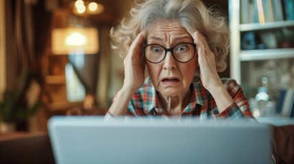 An older woman, looking worried and shocked at her laptop, reflects the challenges of modern technology use for seniors, emphasizing emotions and the digital generation gap