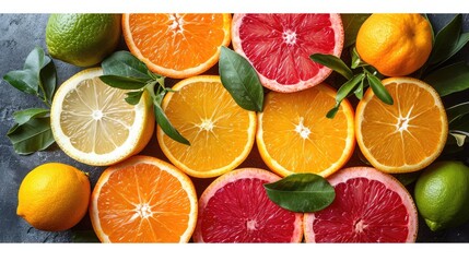 An elegant background with slices of various citrus fruits like oranges, lemons, and limes arranged artistically for a freshness.