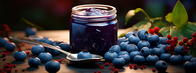 Blueberry jam in a jar. Selective focus. - obrazy, fototapety, plakaty