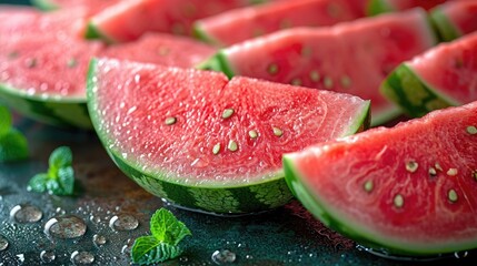 Slices watermelon with vibrant red and green hues, shot from an overhead perspective.