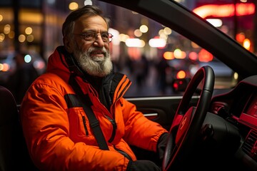 Senior man driving a car in the city at night. He is wearing a red jacket
