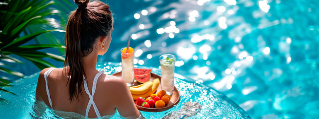woman in the pool with fruit and cocktail. Selective focus. - obrazy, fototapety, plakaty