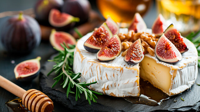 Camembert with figs, nuts and honey. Selective focus.