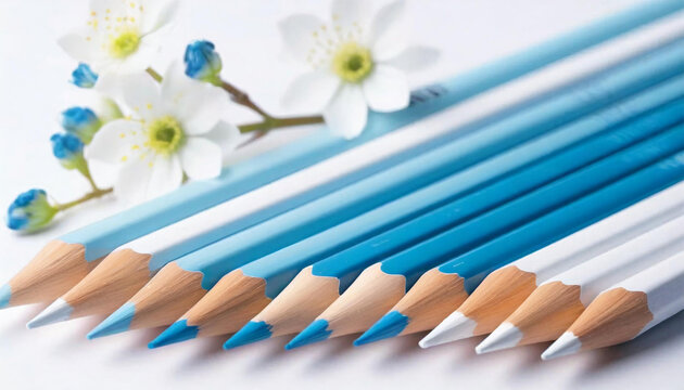 Blue pencils featuring a white outer layer against a white background