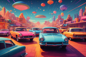 Psychedelic Spaces Flat Cartoon Illustration design of Cars in a Vibrant Vector Style Designs.
