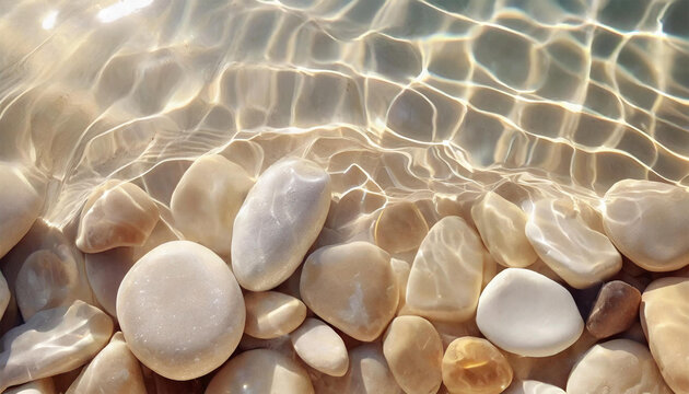 Top View of Smooth White Pebble Stones Beneath Transparent Water with Rippling Waves, Mimicking the Surface Pattern of the Sea Bottom