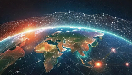 A View of Earth from Outer Space, Illustrating the Global Network and Blockchain Technology. This 3D illustration envisions the future world, with elements provided by NASA - obrazy, fototapety, plakaty