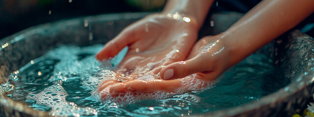 Woman's hands taking hand bath in spa salon. Selective focus.