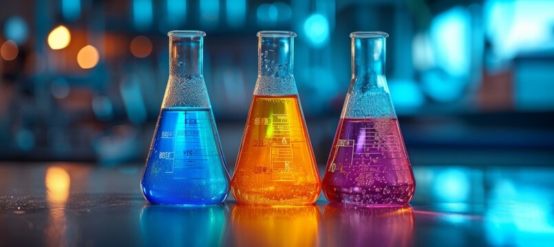 Laboratory beaker glass filled with colorful liquid. Generative AI technology.