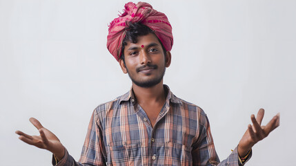  young Indian farmer expresses himself against a white background - obrazy, fototapety, plakaty