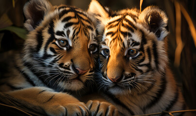 Fototapeta premium Tender Embrace of Sibling Tiger Cubs Basking in a Warm Light Amidst the Shadows of the Jungle