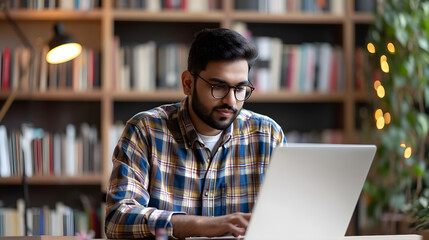 A young man from India who works as a freelancer and studies online from his laptop while seated at a desk